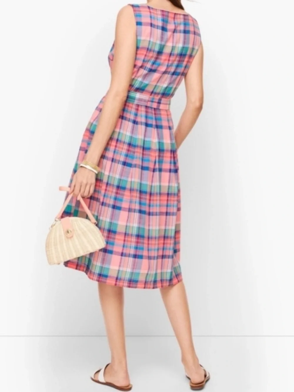Talbots Madras Plaid Button Front Shirtdress Belted Cotton Pink Blue 12 - Picture 3 of 16